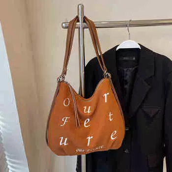 Осенне-зимняя модная вельветовая сумка-тоут для женщин с буквенным декором, сумки через плечо для поездок на работу, женские повседневные универсальные сумки