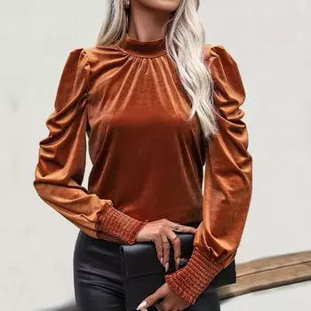 Осенне-зимняя модная женская футболка со средним вырезом и длинными рукавами из бархата, однотонная футболка для женщин S