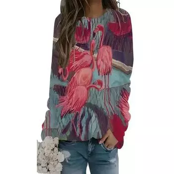 Осенне-зимняя модная женская толстовка с круглым вырезом, цветочный принт с фламинго, 3D-принт, длинный рукав, большой размер, круглый вырез, пуловер Y2K M