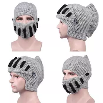 Осенне-зимняя модная женская вязаная шапка в стиле рыцаря, шлем, маска, защита ушей, праздничная шапка для улицы, ветрозащитная шапка светло-серый