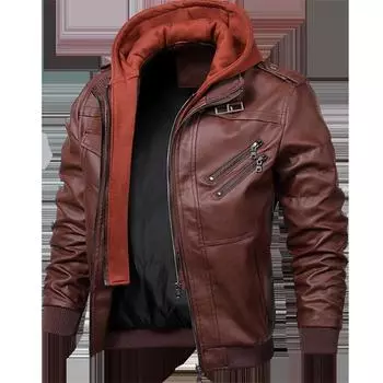 Осенне-зимняя молодежная кожаная куртка с капюшоном