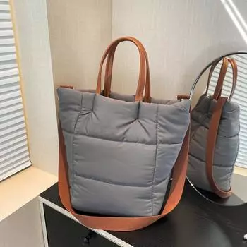 Осенне-зимняя мягкая сумка-мешок из нейлона и хлопка, женская модная сумка-тоут, простая швейная линия, сумка-мессенджер через плечо 22.5*19*31.5 серый