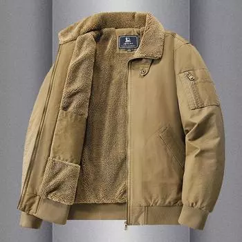 Осенне-зимняя мужская бархатная хлопковая подбитая одежда, утолщенная и теплая, свободная куртка из чистого хлопка с лацканами, повседневная, из овечьей шерсти M хаки