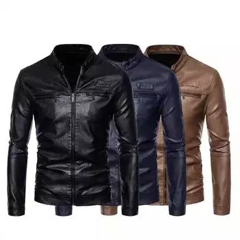 Осенне-зимняя мужская бархатная теплая кожаная куртка, приталенная куртка из искусственной кожи, модная зеленая мотоциклетная куртка со стоячим воротником M