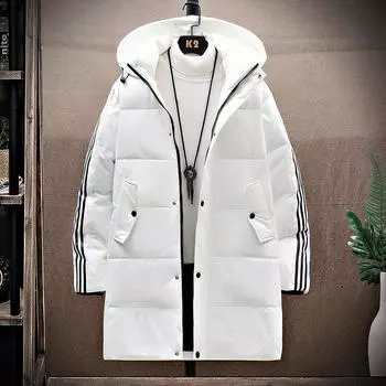 Осенне-зимняя мужская белая свободная пуховая куртка с капюшоном Three Bars Medium and Long Down Jacket M белый