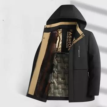 Осенне-зимняя мужская деловая одежда среднего возраста с капюшоном, которую можно снять, утолщенная и бархатная, теплая, с хлопковой подкладкой L хаки