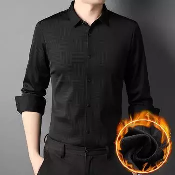 Осенне-зимняя мужская флисовая рубашка с длинными рукавами и отворотом, повседневная облегающая полосатая рубашка для мужчин M