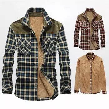 Осенне-зимняя мужская флисовая рубашка в клетку с длинным рукавом, утолщенная теплая рубашка из овечьего флиса M