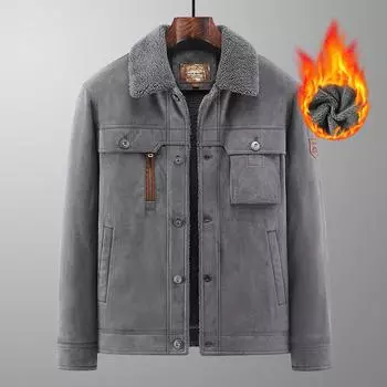 Осенне-зимняя мужская флисовая теплая одежда с хлопковой подкладкой для людей среднего и пожилого возраста, повседневная свободная куртка с лацканами, куртка из овечьей шерсти M чёрный