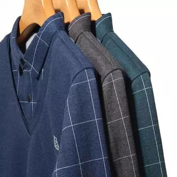 Осенне-зимняя мужская футболка из двух частей с длинными рукавами, утепленная мужская рубашка-поло с принтом в клетку для мужчин среднего возраста M