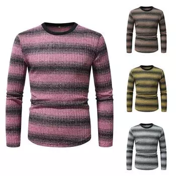 Осенне-зимняя мужская футболка с круглым вырезом и постепенным изменением цвета, с длинными рукавами и узором в полоску, мужская британская повседневная футболка с низом, мужская футболка S серый