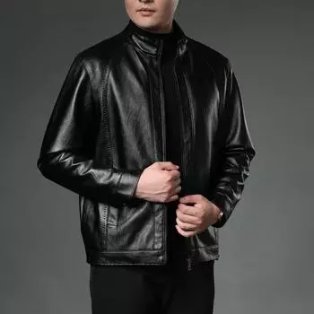 Осенне-зимняя мужская кожаная куртка из искусственной плюша со стоячим воротником, кожаная куртка для мужчин среднего и пожилого возраста 4XL