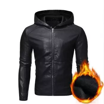 Осенне-зимняя мужская кожаная куртка с капюшоном и флисом, тонкая мотоциклетная куртка из искусственной кожи, синее корейское пальто с капюшоном M