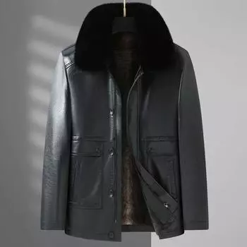 Осенне-зимняя мужская кожаная куртка со съемным большим меховым воротником, плюшевое и толстое папино пальто, толстая кожаная куртка 6XL