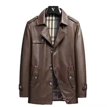 Осенне-зимняя мужская кожаная ветровка средней и длинной длины, корейская версия, кожаная куртка с воротником, повседневная мужская куртка XXXXXL чёрный