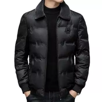 Осенне-зимняя мужская куртка. Гладкая ветрозащитная утолщенная мягкая морозостойкая свободная куртка большого размера из искусственного меха с лацканами и карманами с длинными рукавами. Пуховик средней длины. L темно-синий