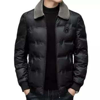 Осенне-зимняя мужская куртка. Гладкая ветрозащитная утолщенная мягкая морозостойкая свободная куртка большого размера из искусственного меха с лацканами и карманами с длинными рукавами. Пуховик средней длины. L темно-синий