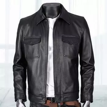 Осенне-зимняя мужская куртка из искусственной кожи с лацканами и длинными рукавами с клапанами и карманами, мотоциклетное пальто с планкой на молнии, облегающая мужская верхняя одежда M чёрный