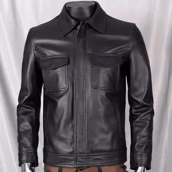 Осенне-зимняя мужская куртка из искусственной кожи с лацканами и длинными рукавами с клапанами и карманами, мотоциклетное пальто с планкой на молнии, облегающая мужская верхняя одежда M чёрный