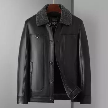 Осенне-зимняя мужская куртка из искусственной кожи, флисовая утолщенная меховая интегрированная кожаная куртка 175 чёрный