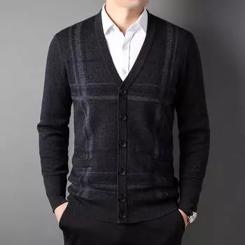 Осенне-зимняя мужская куртка-кардиган, новый модный свитер с v-образным вырезом, полосатый свитер с длинными рукавами, шерстяная куртка, мужская одежда M