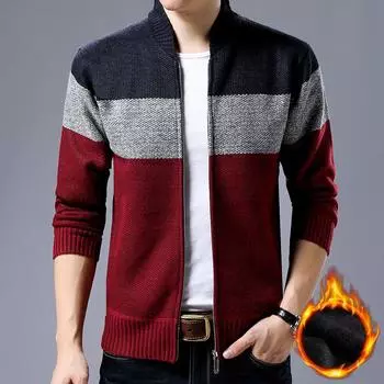 Осенне-зимняя мужская куртка с длинными рукавами и воротником-стойкой, подобранная по цвету, толстая полосатая куртка, свитер, модный мужской персонализированный свитер XXXL красный