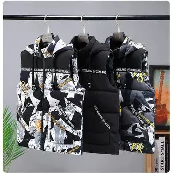 Осенне-зимняя мужская куртка с капюшоном из хлопка, мужской жилет, теплый пуховик из хлопка, повседневный камуфляжный жилет из хлопка, верхняя одежда M чёрный
