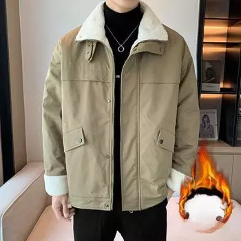 Осенне-зимняя мужская куртка с лацканами из овечьей шерсти, толстая стеганая куртка, повседневная куртка с меховым воротником 5XL чёрный