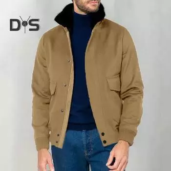 Осенне-зимняя мужская куртка с плюшевой строчкой, однобортная куртка с длинным рукавом и карманами с клапанами, однотонная шерстяная верхняя одежда XL хаки