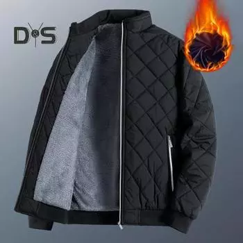 Осенне-зимняя мужская куртка с тиснением в виде ромба, воротник-стойка с длинным рукавом, флисовая подкладка, планка на молнии, облегающее пальто, однотонная верхняя одежда 3XL чёрный