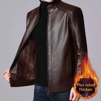 Осенне-зимняя мужская куртка, утепленная кожаная куртка, папа носит высококачественную кожаную куртку большого размера, ветрозащитную и непромокаемую 190 чёрный