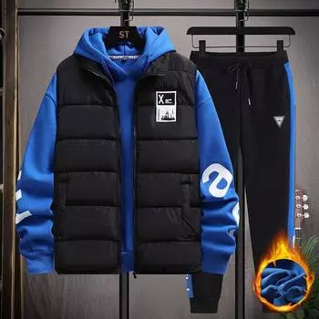 Осенне-зимняя мужская мода плюс бархатный повседневный спортивный свитер брюки жилет пуховик костюм-тройка XXL синий