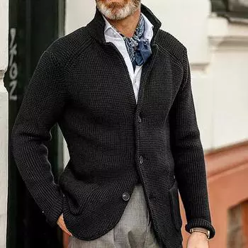 Осенне-зимняя мужская мода, свободный кардиган, теплая куртка с капюшоном и лацканами, свитер S хаки