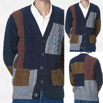 Осенне-зимняя мужская мода Свободный кардиган Теплый свитер с v-образным вырезом XXXL тёмно-синий