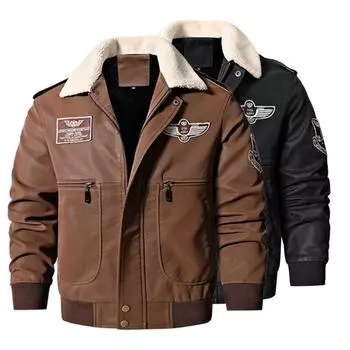 Осенне-зимняя мужская мотоциклетная кожаная куртка с меховым воротником, винтажная коричневая флисовая искусственная кожа из свиной кожи, военные куртки-бомберы 8xl