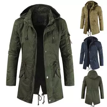 Осенне-зимняя мужская новая куртка средней длины с логотипом на груди, стоячим воротником и капюшоном M хаки
