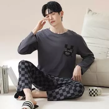 Осенне-зимняя мужская новая пижама, домашний костюм, хлопковая весенне-осенняя пижама для подростков, большой размер, комплект домашней одежды для отдыха L
