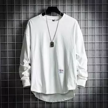 Осенне-зимняя мужская однотонная футболка с длинными рукавами и круглым вырезом, модная молодежная свободная футболка с длинными рукавами в стиле хип-хоп M белый