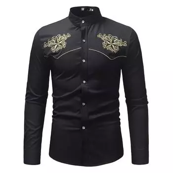 Осенне-зимняя мужская повседневная мужская рубашка в придворном стиле большого размера с вышивкой и длинными рукавами, воротником-стойкой, мужская рубашка, модные мужские топы S белый