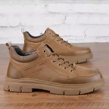 Осенне-зимняя мужская повседневная обувь из натуральной кожи, элитная брендовая обувь с высоким берцем, мужская непромокаемая теплая плюшевая уличная обувь для мужчин 37 бежевый
