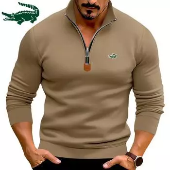 Осенне-зимняя мужская повседневная плюшевая однотонная толстовка с капюшоном с длинными рукавами в европейском и американском стиле на молнии с воротником-стойкой и вышивкой для мужчин S чёрный