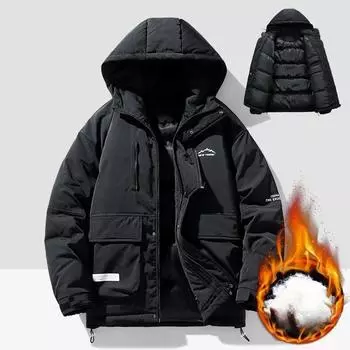 Осенне-зимняя мужская повседневная уличная куртка-карго с капюшоном для пар, модная теплая куртка на хлопковой подкладке M чёрный