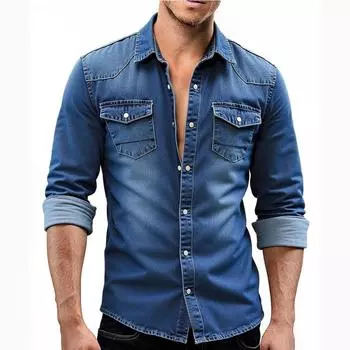 Осенне-зимняя мужская приталенная повседневная рубашка с длинным рукавом, в японском и корейском ретро-стиле, простая джинсовая куртка-рубашка с длинным рукавом M