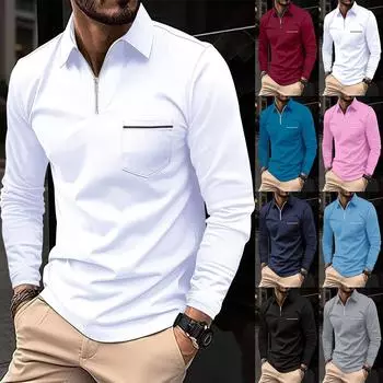 Осенне-зимняя мужская рубашка поло с длинным рукавом на молнии и лацканами, однотонный повседневный топ L чёрный