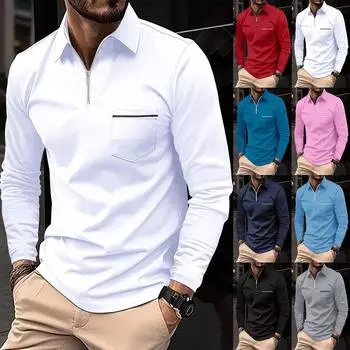 Осенне-зимняя мужская рубашка поло с длинным рукавом на молнии и лацканами, однотонный повседневный топ XXXL