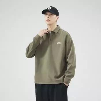 Осенне-зимняя мужская рубашка поло с лацканами, свитер американского модного бренда, утолщенная футболка с длинными рукавами и воротником M хаки