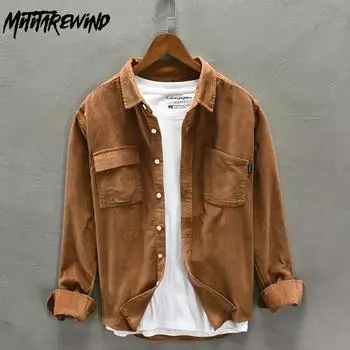 Осенне-зимняя мужская рубашка, повседневная, 100% хлопок, с длинным рукавом, серая рубашка, облегающая, вельветовая, в стиле ретро, с двумя карманами, мужские топы M темно-серого