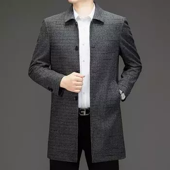 Осенне-зимняя мужская шерстяная ветровка средней длины, деловое повседневное пальто с лацканами, клетчатое пальто для пап среднего и пожилого возраста 170