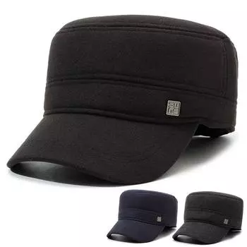 Осенне-зимняя мужская толстая шерстяная бейсболка с плоским верхом, защита ушей, хлопковая кепка для пожилых людей, теплая кепка серый