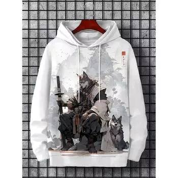Осенне-зимняя мужская толстовка с капюшоном с изображением животных в японском стиле Harajuku Art Повседневная спортивная толстовка с капюшоном с рисунком осень-зима S
